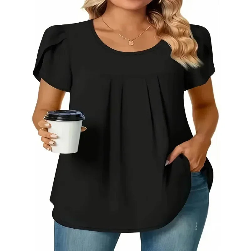 Plus Size Pleated Casual Short Sleeved Shirt - 1XL-5XL