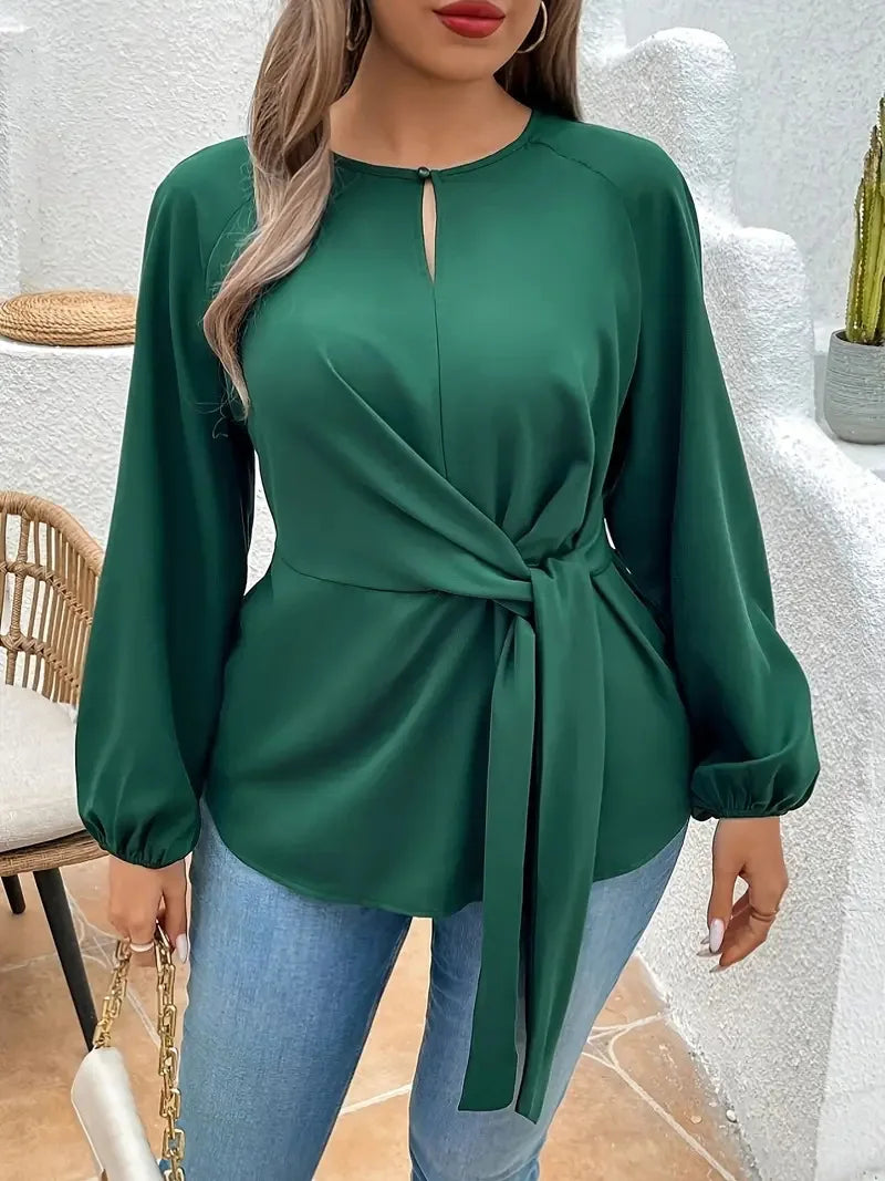 Plus Size long sleeve O-Neck Keyhole Blouse with Tie Front