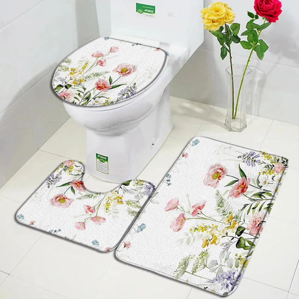 1-3pc set- Blue Floral Dandelion Flowers -Floor Rugs + Toilet Lid Cover