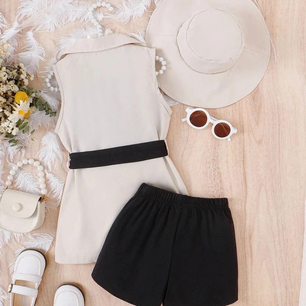 4pcs -Girl's Blazer Set -jacket + Black Vest + Shorts + Sun Hat