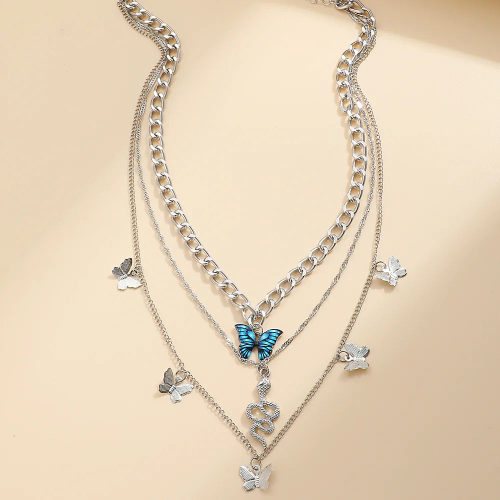 3 Layers Chain Necklace with butterfly Pendant