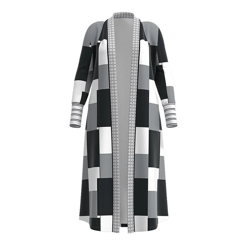 Plus Size Long Coat -Geometric Check Printing Design with Open Front