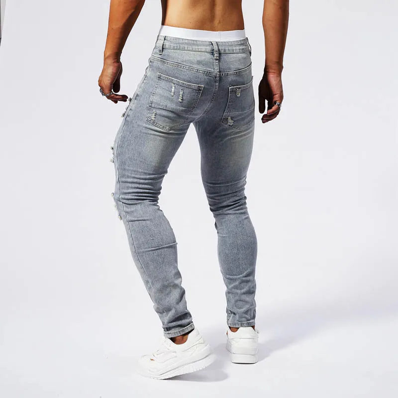 Men's Stretchy Distressed Denim Patchwork  Jeans