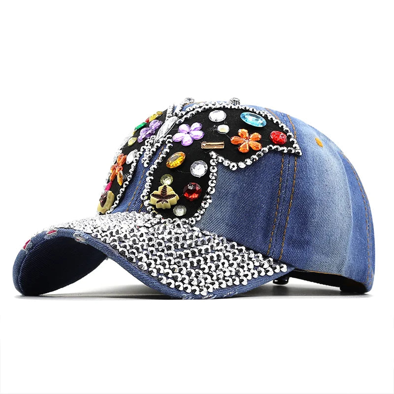 Women's Denim Rhinestone Butterfly base ball cap with full Crystal  Rhinestone Bill