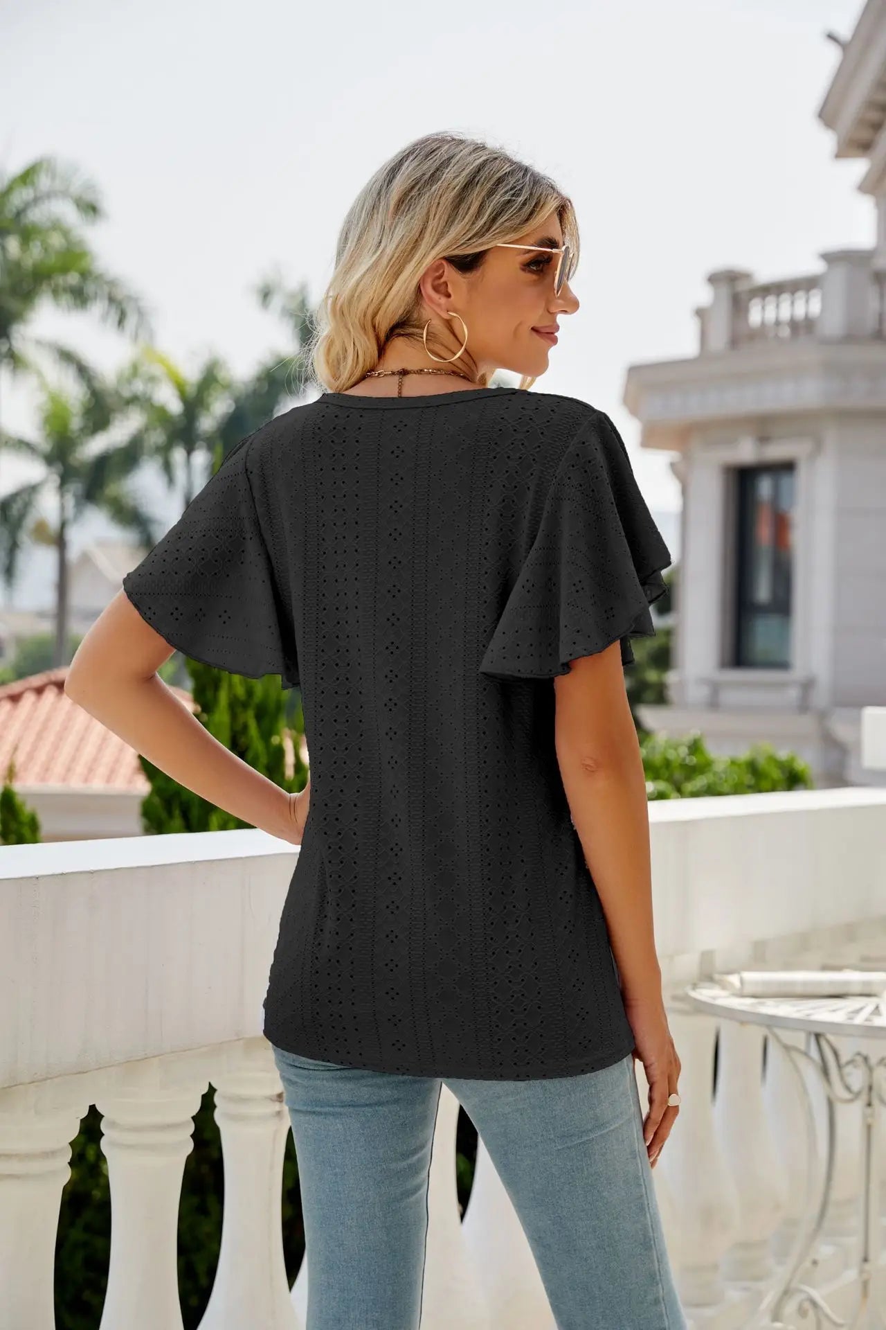 Hollow Round Neck T-Shirt with Ruffle Edge