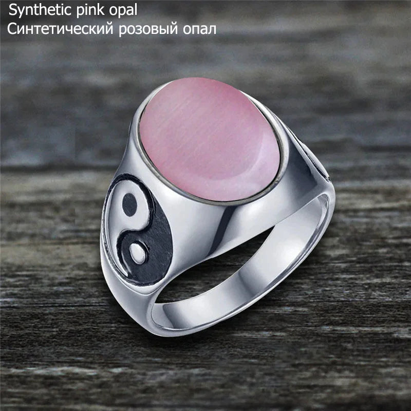 Oval Stainless Steel Yin And Yang Ring with Natural Stone