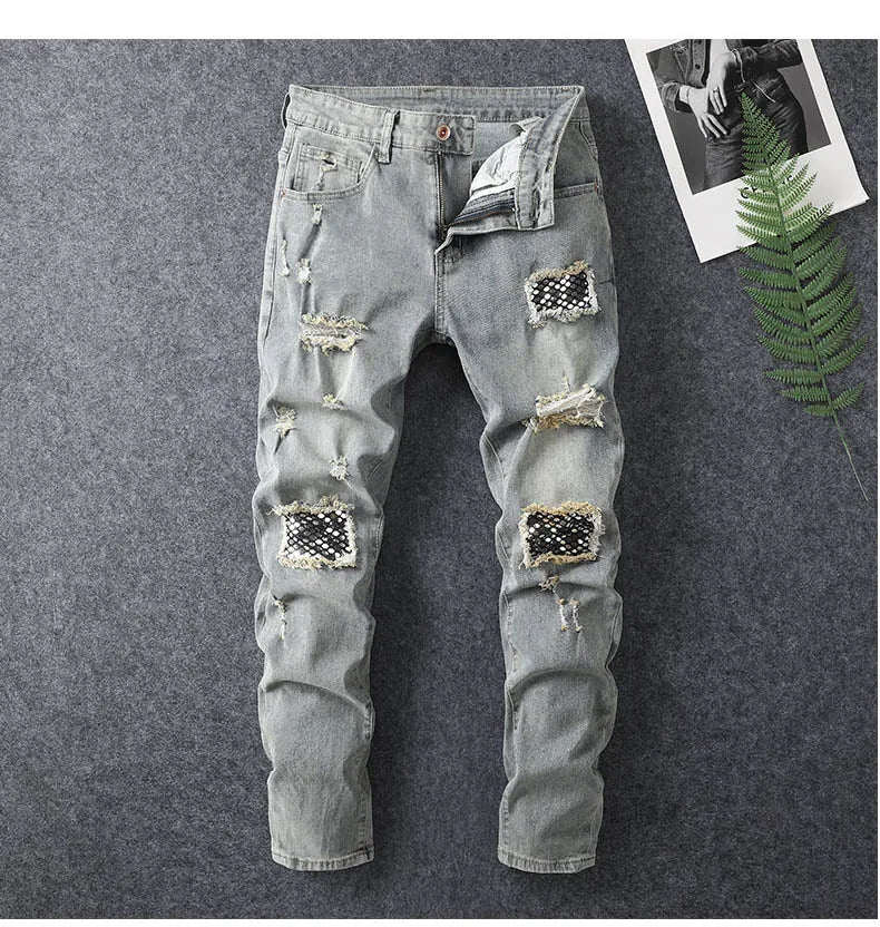 Men's Stretchy Distressed Denim Patchwork  Jeans