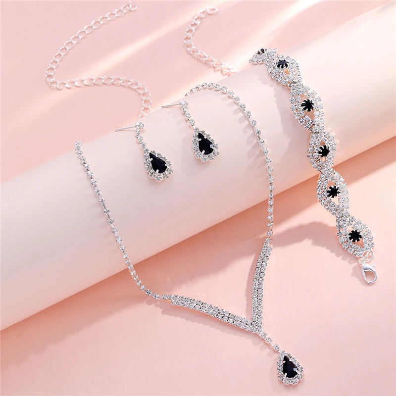 3 Pc- Rhinestone Bride Jewelry Set- Black Water Drop Crystal Earrings + V Necklace + Bracelet