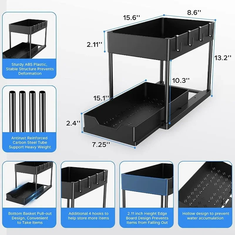 Under Sink Organizer and Storage, Kitchen Organization Rack with Double Sliding Cabinet Drawers