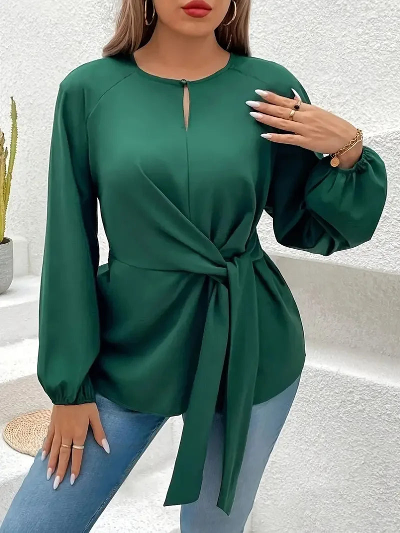 Plus Size long sleeve O-Neck Keyhole Blouse with Tie Front