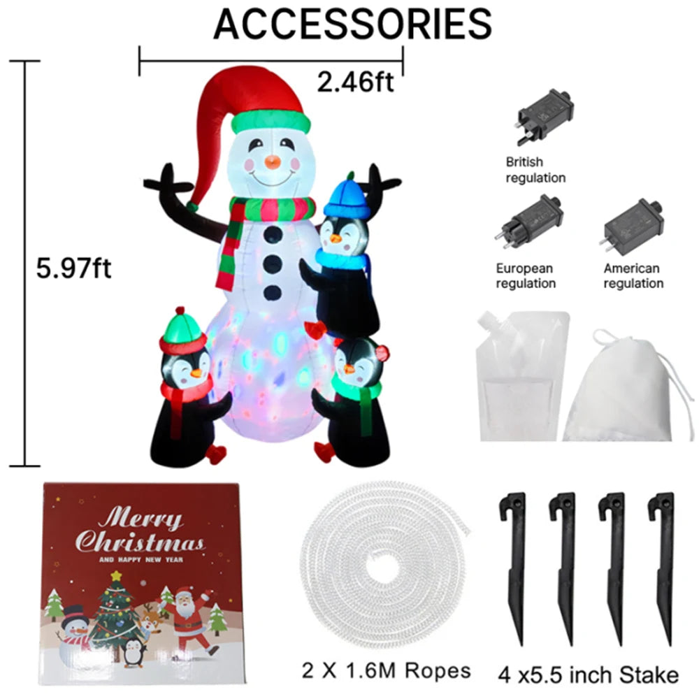 6ft/1.8M -LED Christmas Inflatable - Snowman with Three Penguins hugging snowman