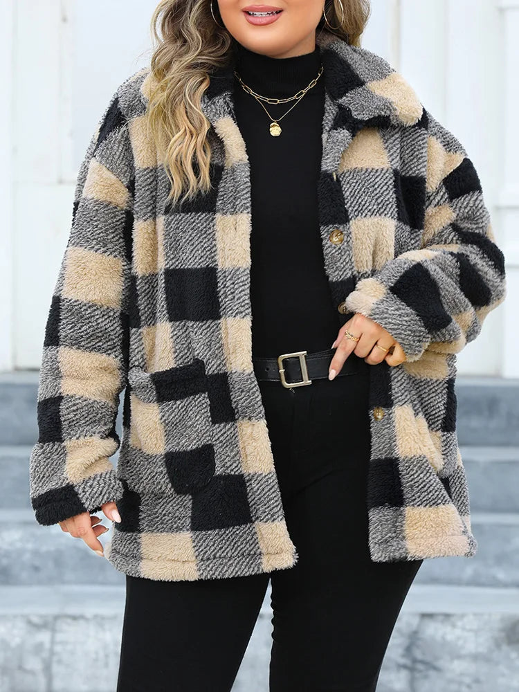 Plus Size Plaid Single Breasted Long Sleeve Plush Lapel Jacket with Pockets