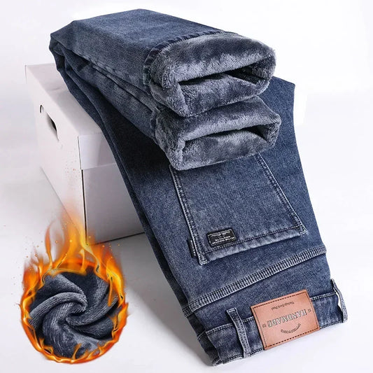 Men's Plush Trousers Winter Fleece Jeans - Slim Straight Leg- Elastic Denim