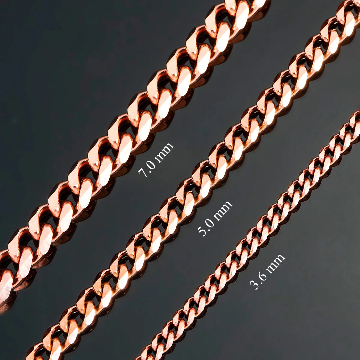 3.6mm/5mm/7mm/ Rose Color Stainless Steel Cuban Link Chains Necklace -14 to 30 Inches