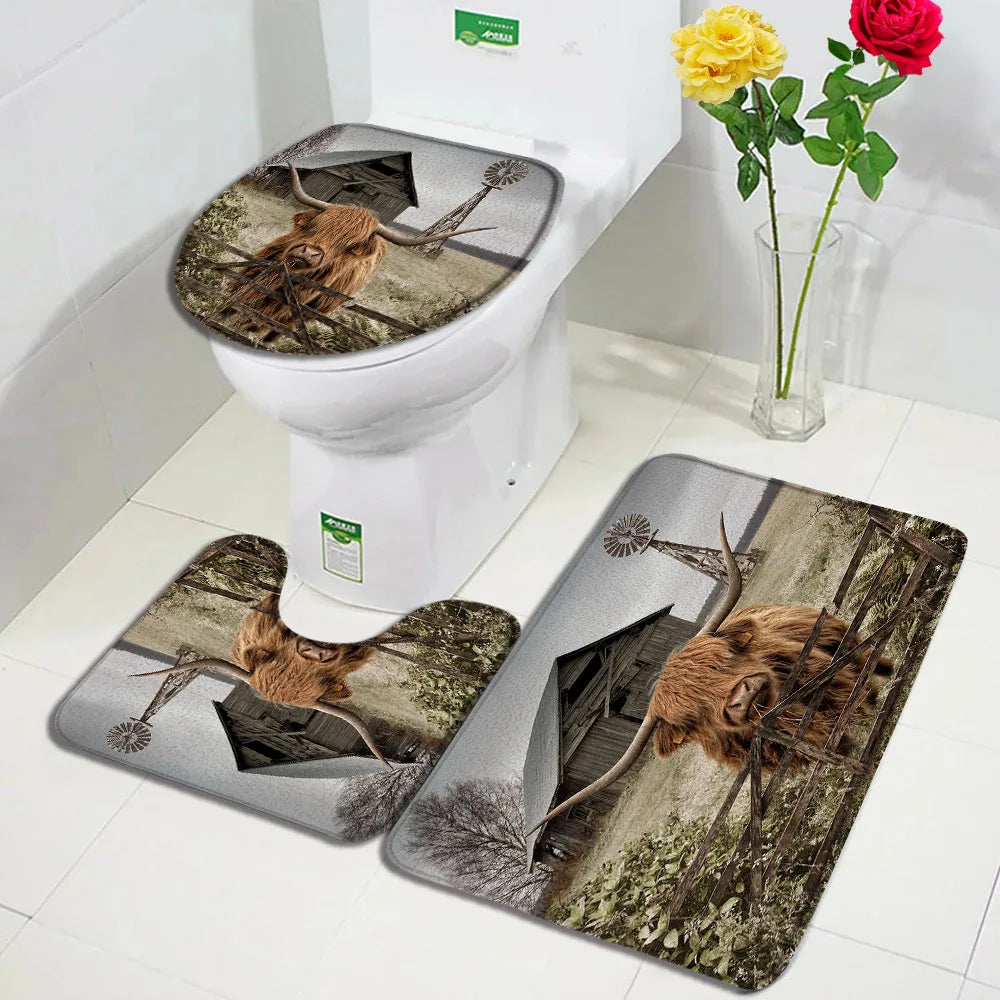 Juego de baño de 1 a 4 piezas: cortina de ducha con diseño de vacas de las Tierras Altas, cortina, alfombra antideslizante, alfombrilla de baño y tapa de inodoro