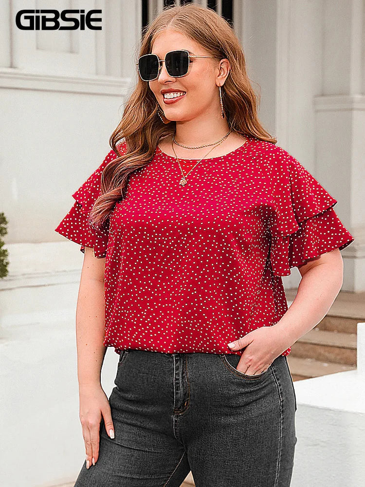 Plus Size Polka Dot O-Neck Layered Butterfly Sleeve Blouse