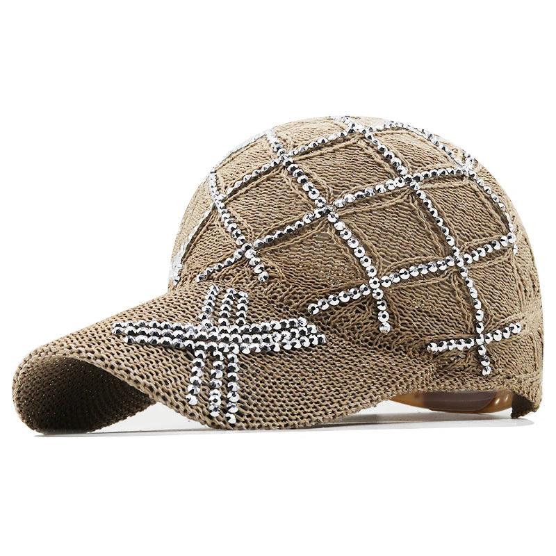 Woman's  Sequined Rhinestone Pearl Mesh Baseball Cap