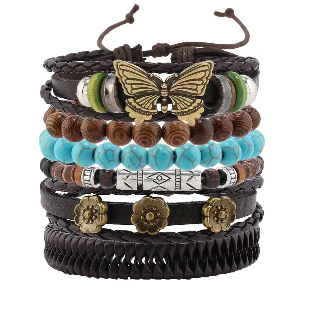 Men's 5-6pc/set Feather Evil Eye Ethnic wood bead tree Charms bracelets