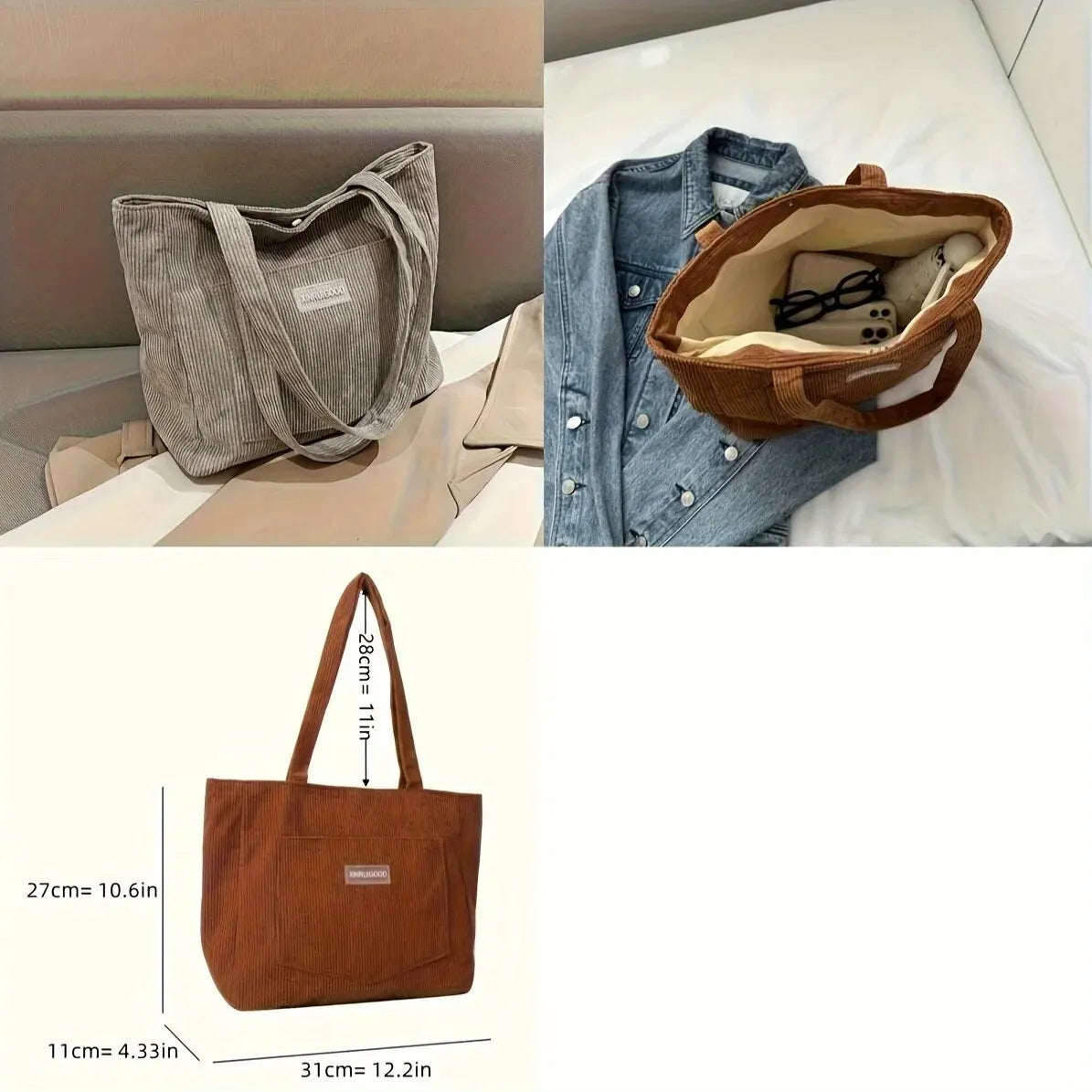 Large Capacity Tote Bag With Front Pocket -Trendy Corduroy  Pocket Solid Color