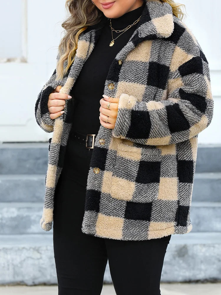 Plus Size Plaid Single Breasted Long Sleeve Plush Lapel Jacket with Pockets