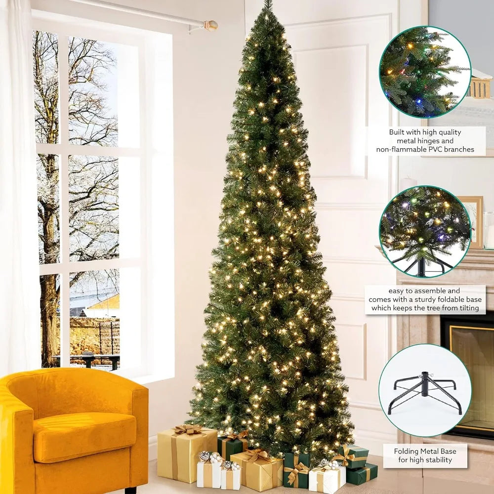 Wide Realistic Artificial Skinny Pencil Christmas Tree - 1102 Branch Tips, 350 Warm Lights and Metal Stand - 4.5 ft, 7.5 ft