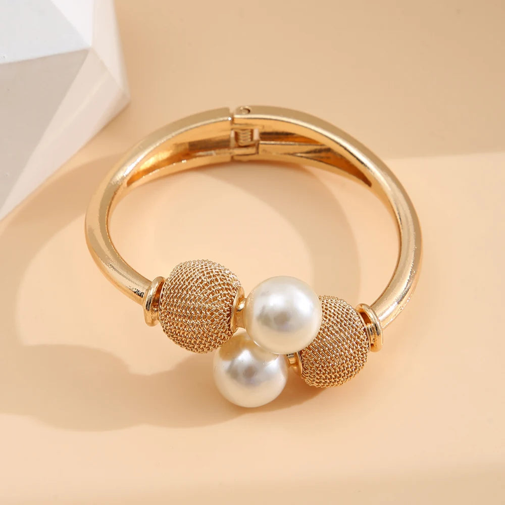 Open Cuff Pearl Ball Bracelet -Gold