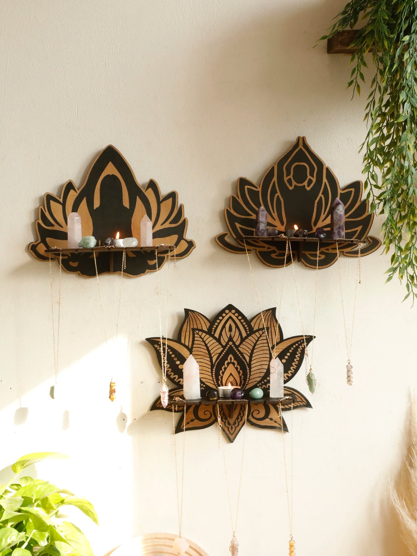 Lotus Crystal Black Wooden Floating Wall Shelf