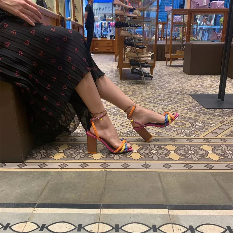 Woman's Brazil Cross Tied Woven Sandals with Thick High Heel