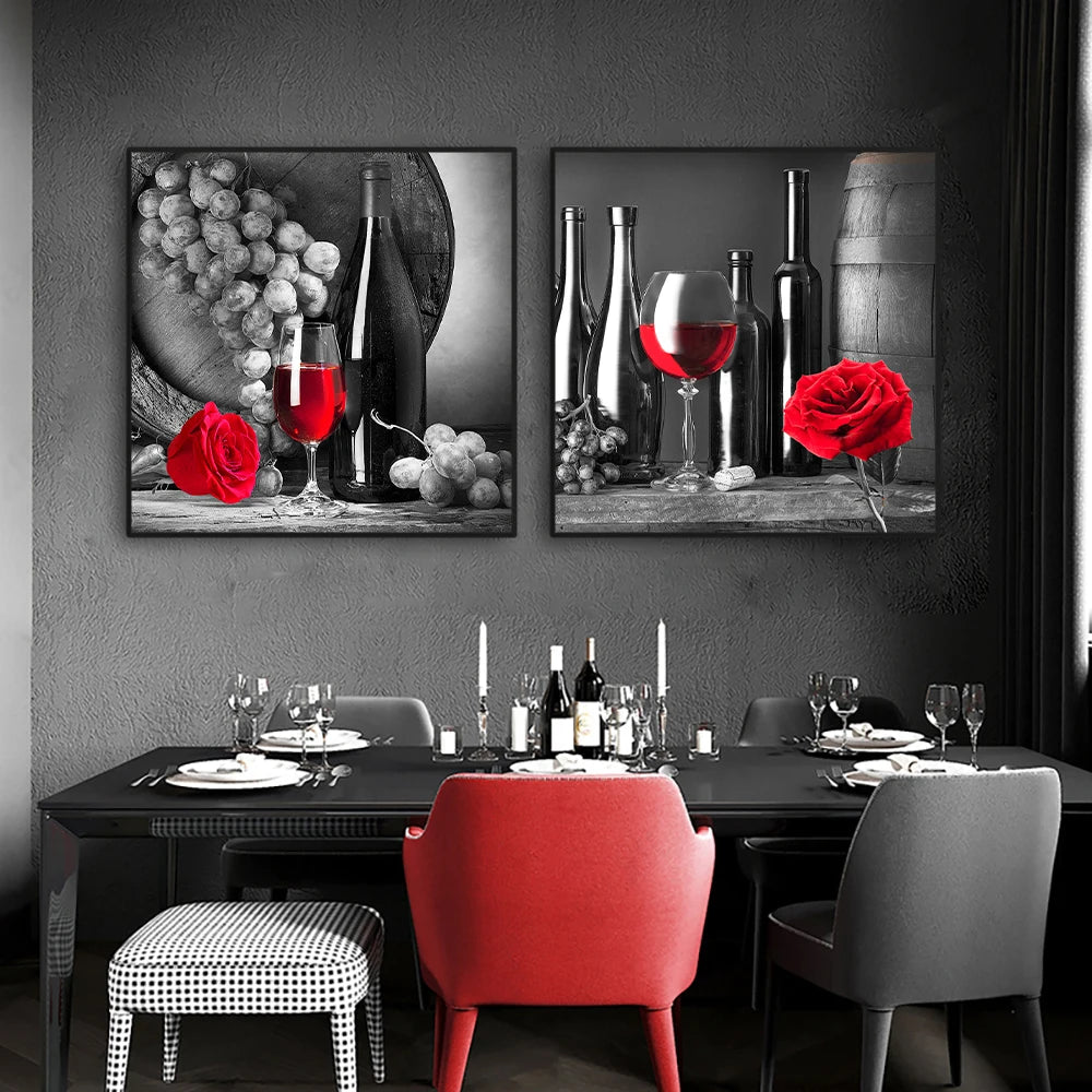 1 PC Kitchen Wall Art Decor -Red Wine Glass Rose Painting on Canvas- NO FRAME