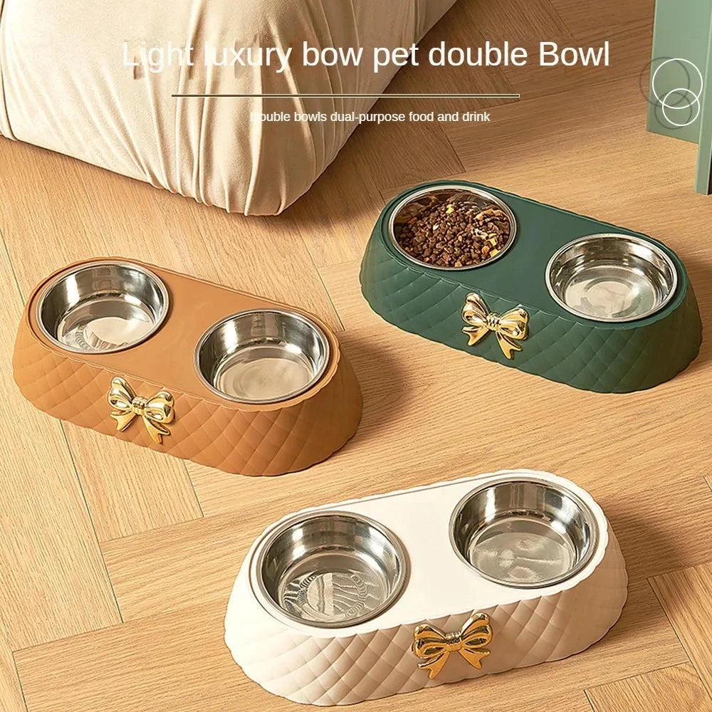 Double Stainless Steel Cat Food Bowl with Bow-tie design