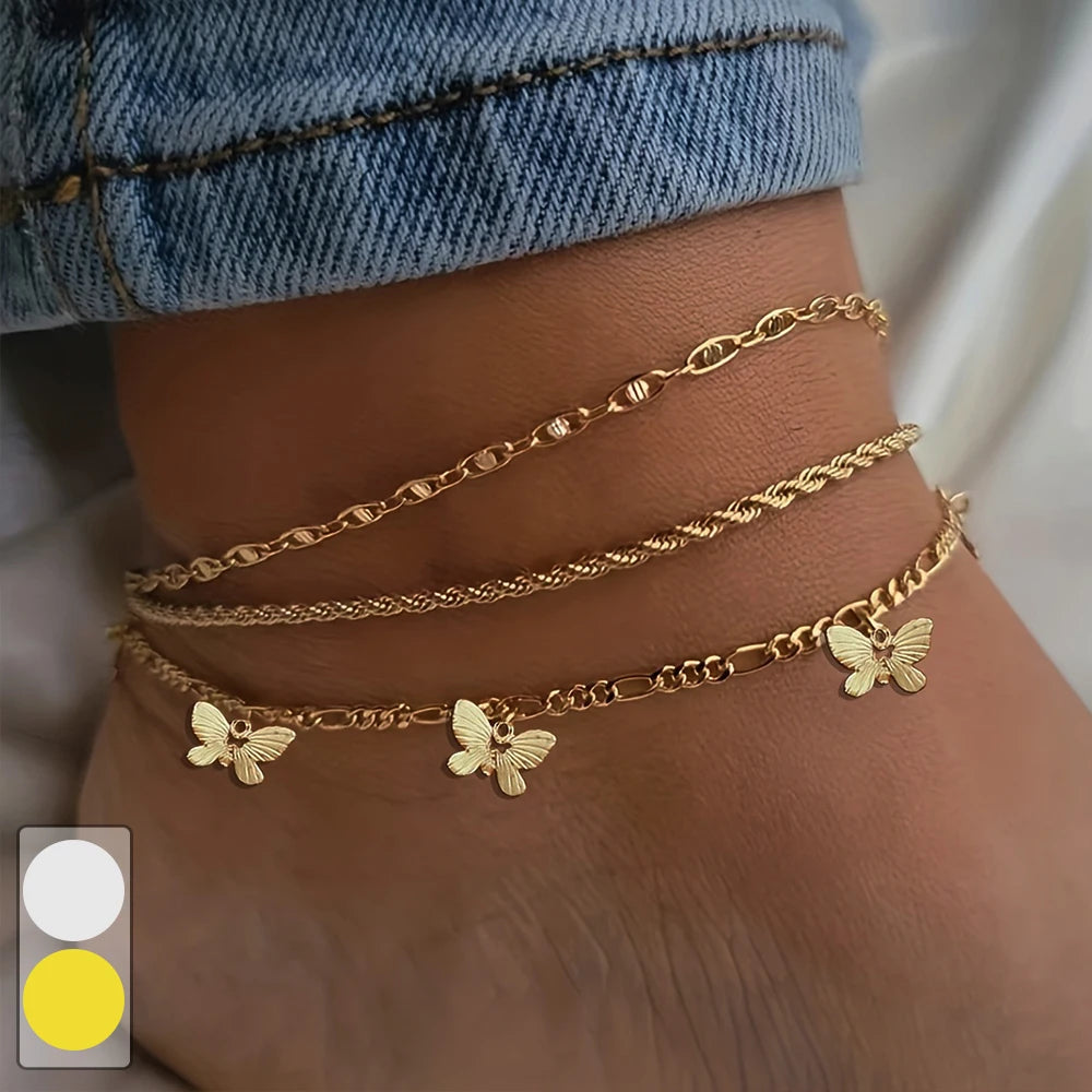 1-3pc set- Simple Metal Chain Anklet  with Butterfly Pendant