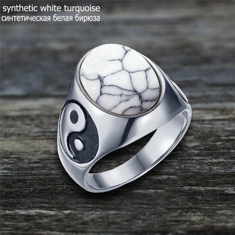 Oval Stainless Steel Yin And Yang Ring with Natural Stone