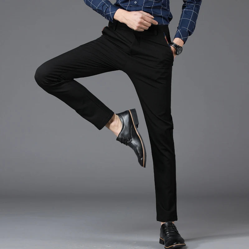 Men's Business Classic Casual Trousers -Slim Fit Black/Blue Elastic High Waist