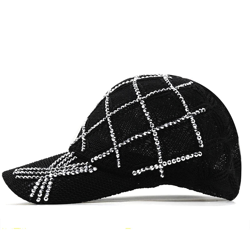 Woman's  Sequined Rhinestone Pearl Mesh Baseball Cap