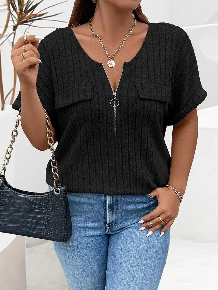 Plus Size Solid O-Ring Zip Front T Shirt