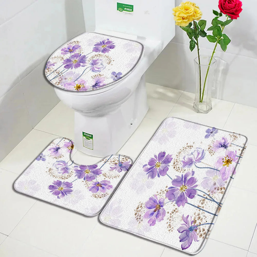 1-3pc set- Blue Floral Dandelion Flowers -Floor Rugs + Toilet Lid Cover