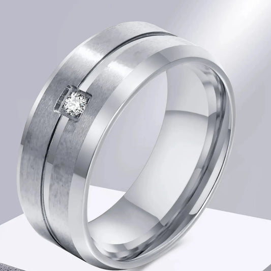 8mm Men's   Matte Stainless Steel Wedding Band, AAA CZ Stone with Grooved Line