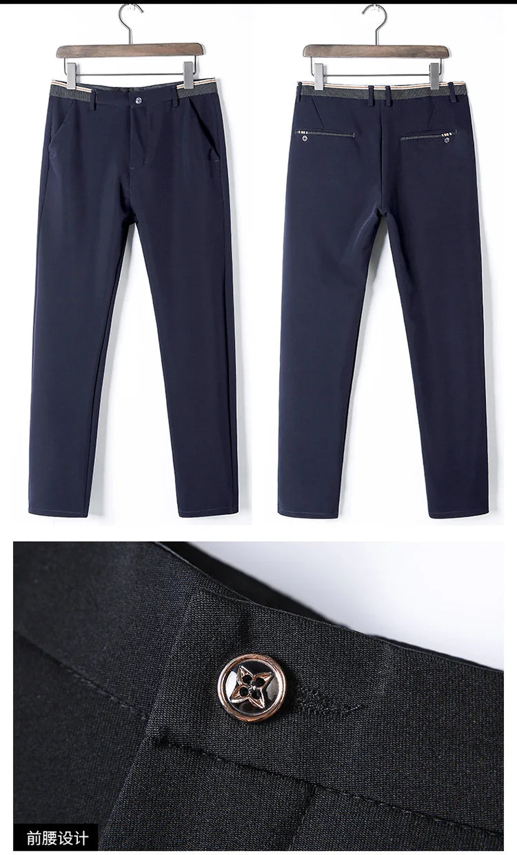 Men's Business Classic Casual Trousers -Slim Fit Black/Blue Elastic High Waist