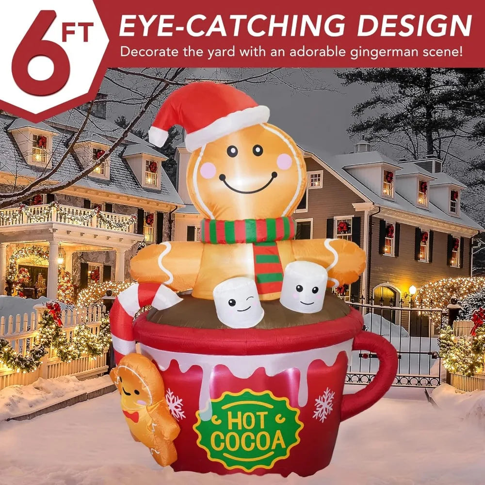 6 FT Christmas Yard  Inflatables -Gingerbread Man in Hot Cocoa Mug Scene