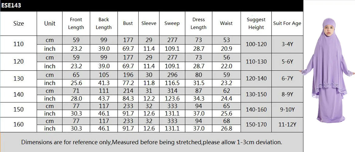 2Pcs Traditional Muslim Kids Girls Hooded Overhead Hijab Burqa Gown