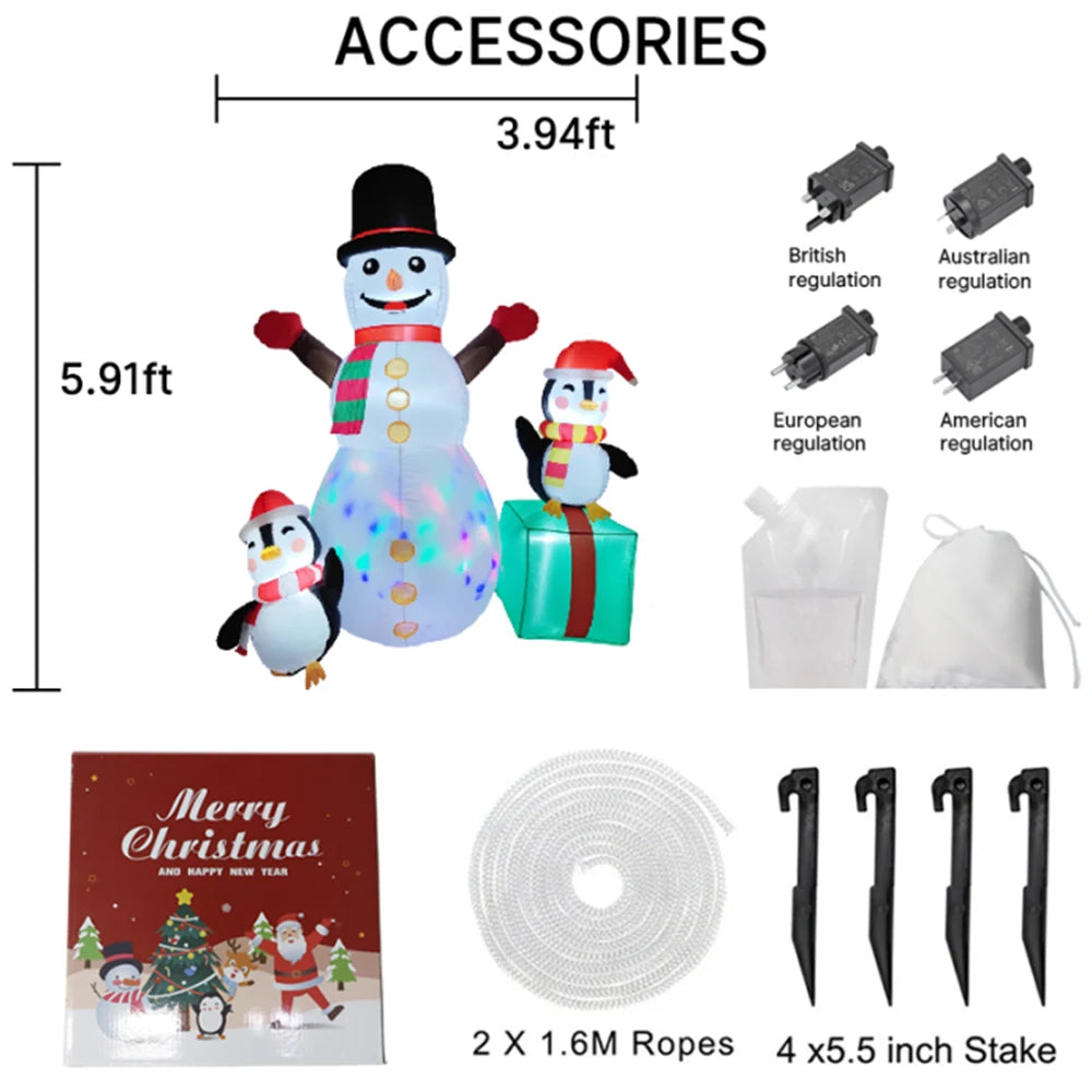 1.8M/6FT LED Christmas Inflatable - Snowman W/Two Penguins & gift