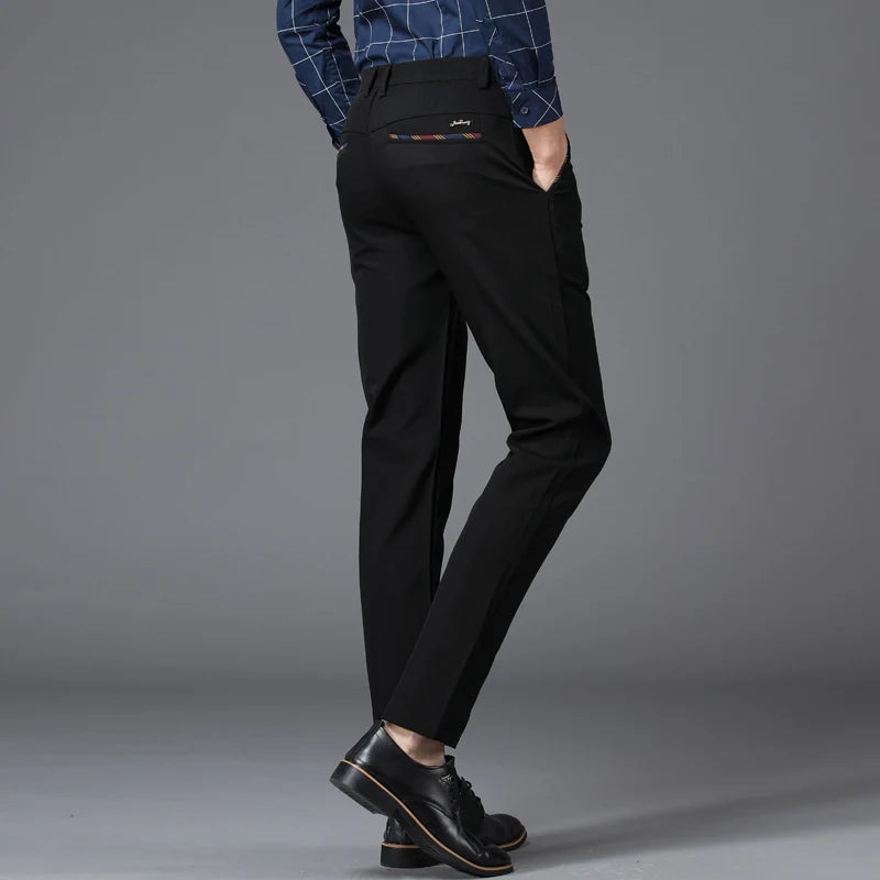 Men's Business Classic Casual Trousers -Slim Fit Black/Blue Elastic High Waist