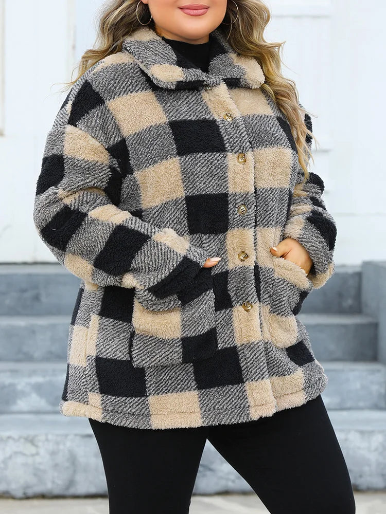 Plus Size Plaid Single Breasted Long Sleeve Plush Lapel Jacket with Pockets