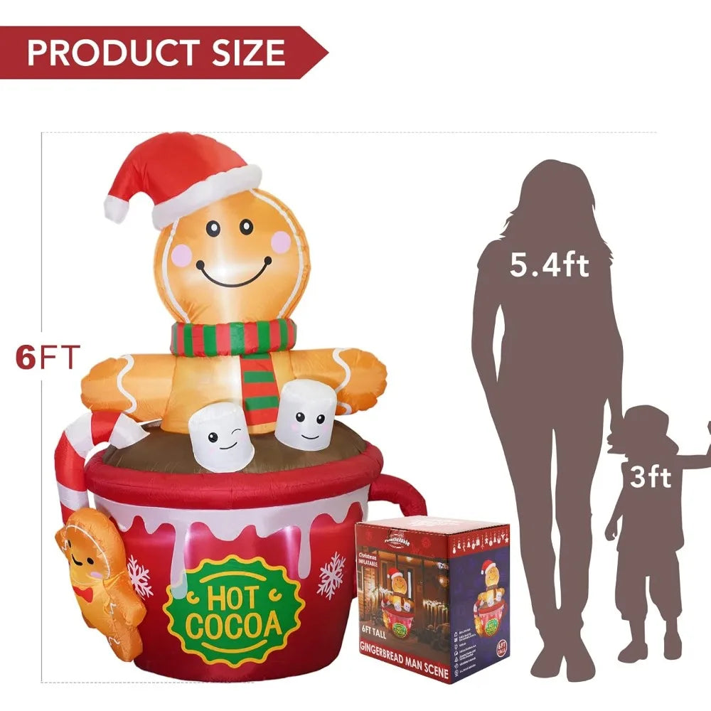 6 FT Christmas Yard  Inflatables -Gingerbread Man in Hot Cocoa Mug Scene