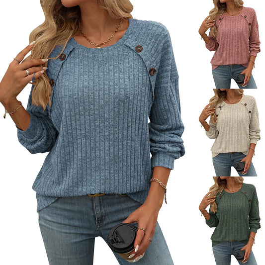 Long Sleeve V-neck Button Knitted Twist T-shirt