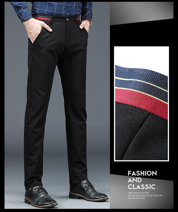 Men's Business Classic Casual Trousers -Slim Fit Black/Blue Elastic High Waist