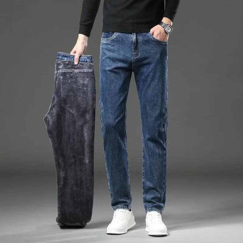 Men's Plush Trousers Winter Fleece Jeans - Slim Straight Leg- Elastic Denim