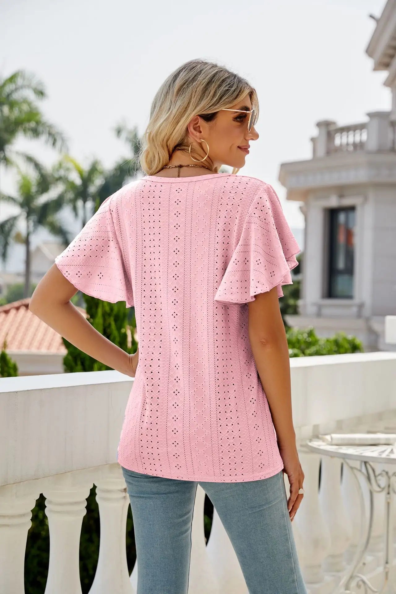 Hollow Round Neck T-Shirt with Ruffle Edge