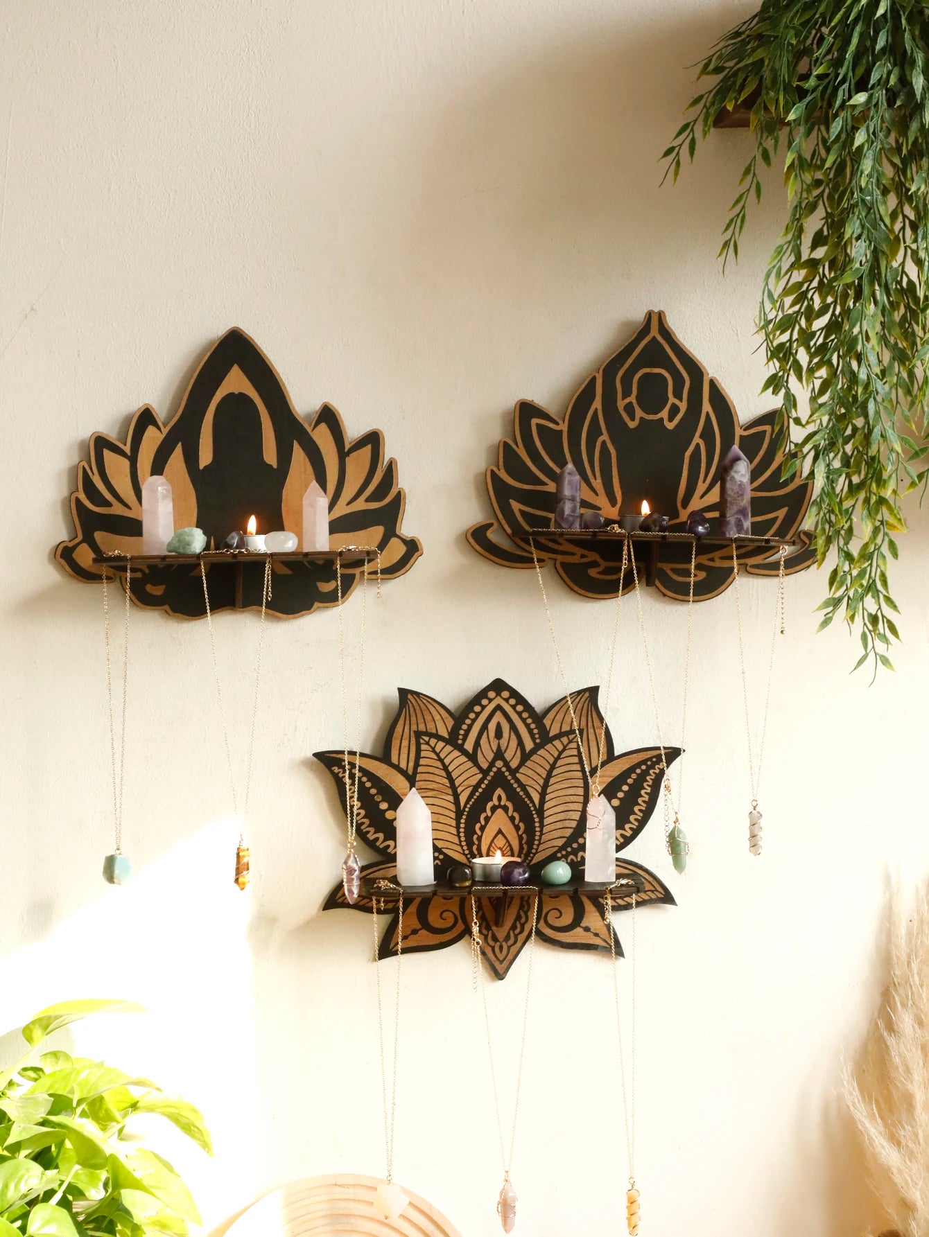 Lotus Crystal Black Wooden Floating Wall Shelf