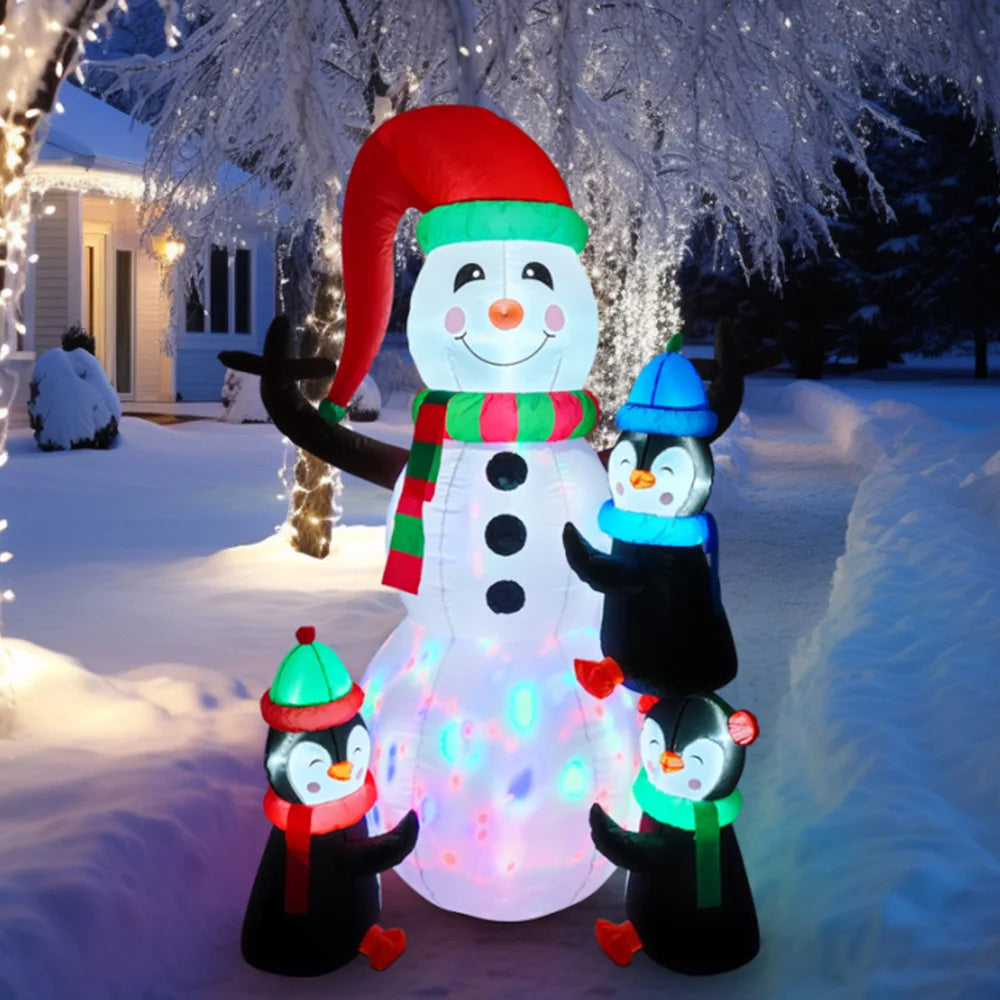 6ft/1.8M -LED Christmas Inflatable - Snowman with Three Penguins hugging snowman